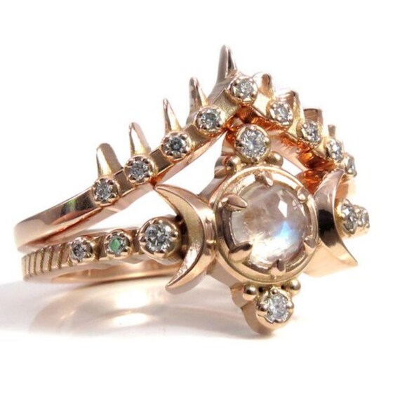 Rainbow Moonstone Compass Moon Engagement Ring Set with Spiked Diamond Crown Wedding Band - 14k Rose Gold Jewelry
