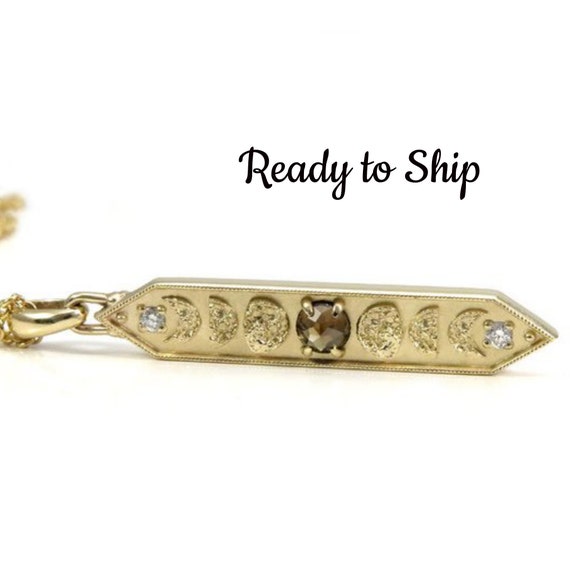 Ready to Ship - Natural Champagne Rose Cut Diamond Moon Phase Bar Pendant with Diamonds - 14k Yellow Gold - Celestial Necklace