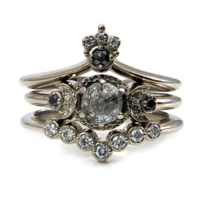 Celestial Goth Engagement Ring Set Black Rutile Quartz Moon Etsy