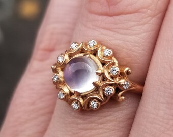 Ready to Ship Size 5.5 - 7.5 Crystal Ball Bohemian Engagement Ring - Moonstone and Diamonds in 14k Rose Gold