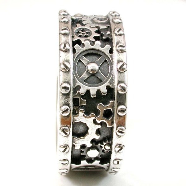 SteamPunk Mens Silver Ring Gears and Rivets Industrial image 1