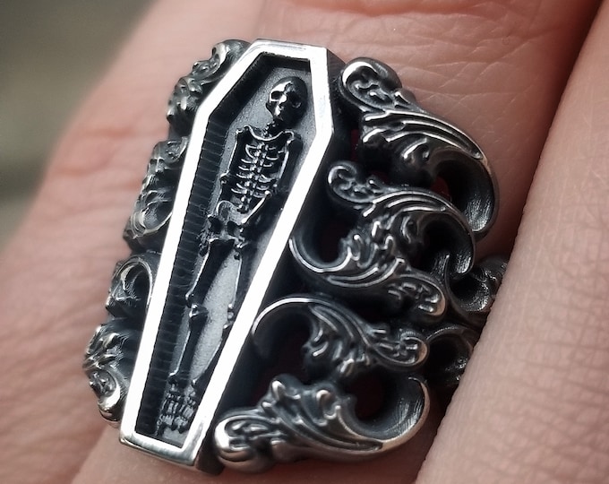 Ready to Ship Size 6 - 8 - Memento Mori Ring with Baroque Silver Scrolls Skeleton Mourning Jewelry - Spooky Halloween Jewelry
