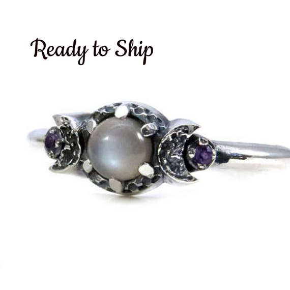Ready to Ship - Grey Moonstone and Amethyst Triple Moon Ring - Sterling Silver