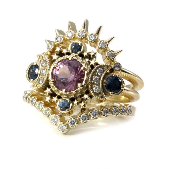 Ready to Ship Size 6 - 8 - Tunduru Garnet Cosmos Moon Engagement Ring 3 Ring Set with Montana Sapphires & White Diamonds -14k Yellow Gold
