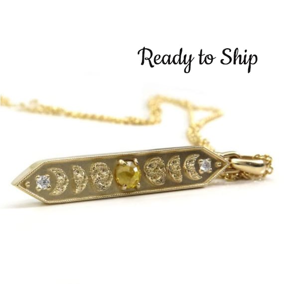 Ready to Ship - Natural Yellow Rose Cut Diamond Moon Phase Bar Pendant with Diamonds - 14k Yellow Gold - Celestial Necklace