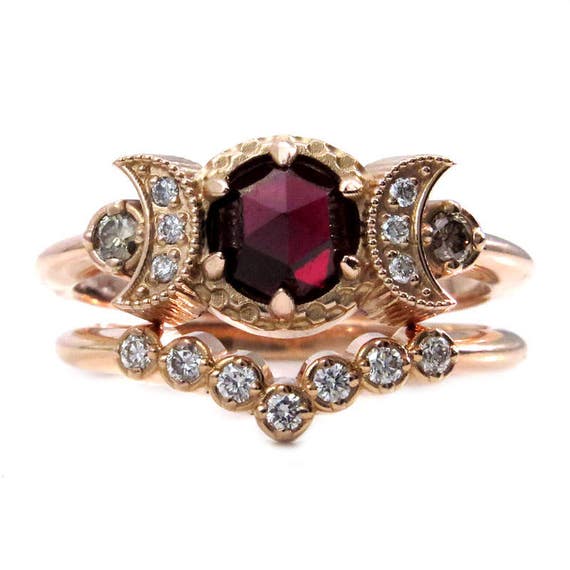 Garnet and Rose Gold Half Moon Engagement Ring Set - Champagne and White Diamonds