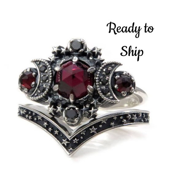 Ready to Ship Size 6 - 8 - Garnet Cosmos Moon Engagement Ring Set Triple Moon Goddess Silver Ring with Stardust Chevron Wedding Band