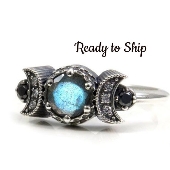 Ready to Ship Size 8 - 10 - Hecate Moon Engagement Ring Set - Labradorite with Black & White Diamonds - Sterling Silver