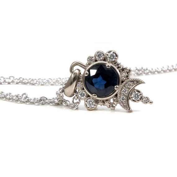 Sapphire Blue Moon Pendant - White Diamond Celestial Necklace - 14k Palladium White Gold - Ready to Ship
