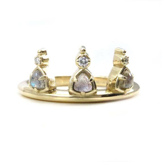 Ready to Ship Size 6 - 8 - Labradorite Trillion and Diamond Crown Bohemian Engagement Ring - 14k Yellow Gold