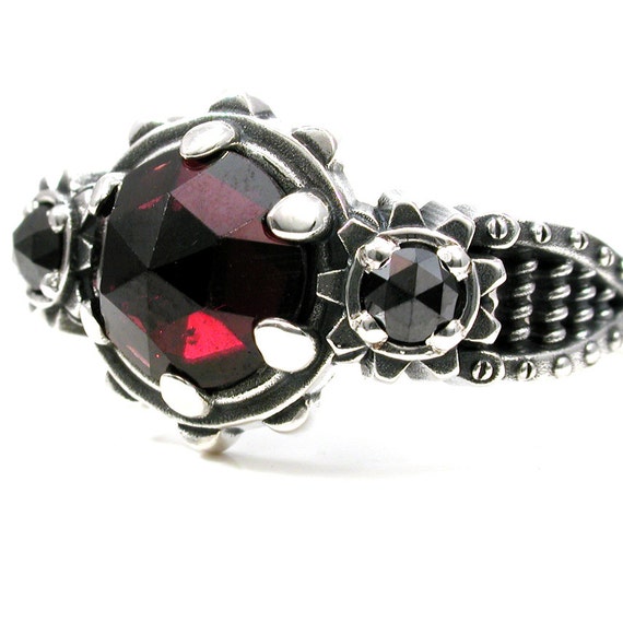 Blood Red Garnet and Black Diamond Steampunk Gear Ring - Coils and Rivets and Gears - Sterling Silver