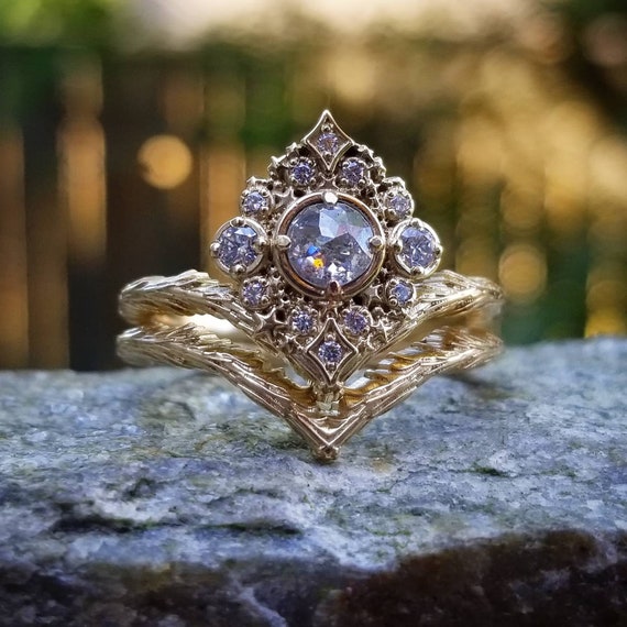 Ready to Ship - Nova Rose Cut Diamond Engagement Ring Set - 14k Yellow Gold - Witch Wedding Ring