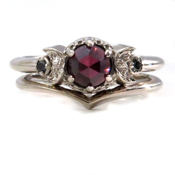 Garnet and Black Diamond Moon Phase Engagement Ring Set - Fine Contemporary Handmade Jewelry
