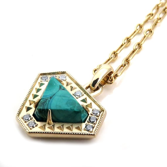 Geometric Malachite and Diamond Yellow Gold Pendant - Ready to Ship - One of a Kind