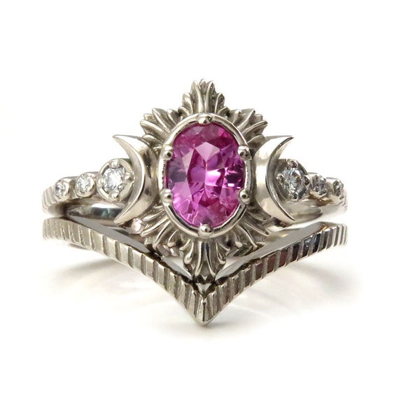 Ready to Ship Size 6 - 8 - Oval Hot Pink Sapphire Moonfire Engagement Ring - Triple Moon Ring - 14k Palladium White Gold