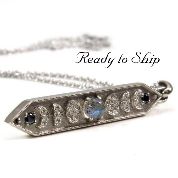 Ready to Ship - Labradorite Moon Phase Bar Pendant with Black Diamonds - Lunar Fine Jewelry Necklace - 14k Palladium White Gold