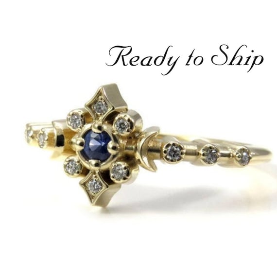 Ready to Ship Size 6 - 8 - Cornflower Sapphire and White Diamond Petite Moon Engagement Ring - Celestial Fine Jewelry - 14k Yellow Gold