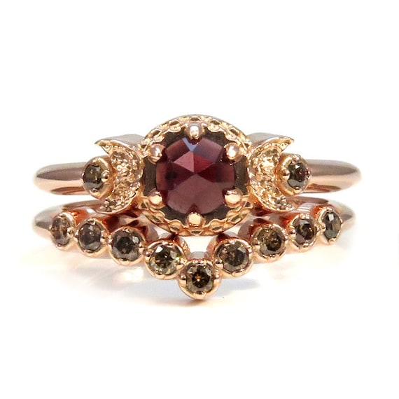 Rose Gold Engagement Ring Set - Rose Cut Garnet and Champagne Diamonds - Waxing Waning Moons
