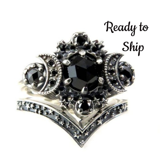 Ready to Ship Size 6 - 8 - Gothic Cosmos Moon Engagement Ring Set Silver Moon and Stardust Chevron Wedding Band