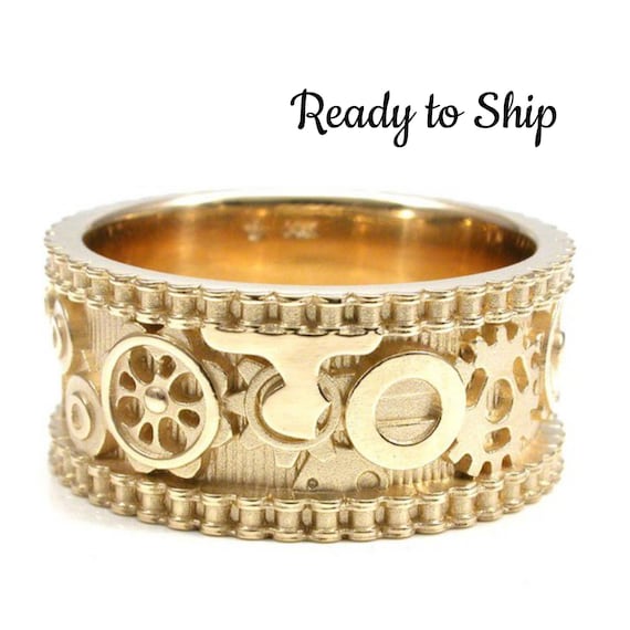 Ready to Ship Size 8.5 - 9 - Steampunk Gold Gear Ring with Bike Chain Sides - Industrial Engagement Band