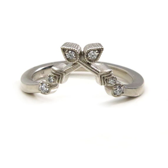 Artemis Double Arrow Side Band with Diamonds - 14k Gold - Chevron Wedding Band