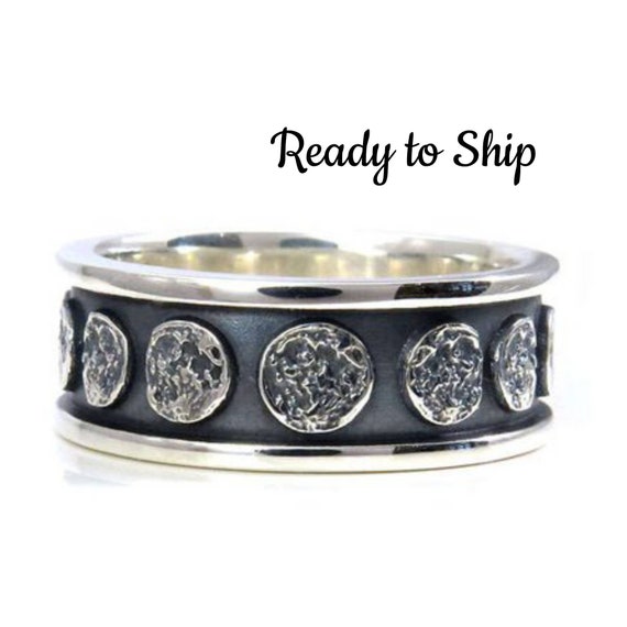 Ready to Ship Size 9 - 11.5 Moon Phase Sterling Silver Band - Lunar Mens Engagement Ring