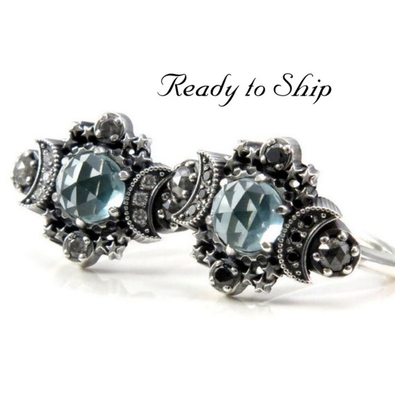 Ready to Ship Size 6 - 8 - Lab Spearmint Spinel Cosmos Moon and Star Ring - Sterling Silver with Black, White or Salt & Pepper Diamonds