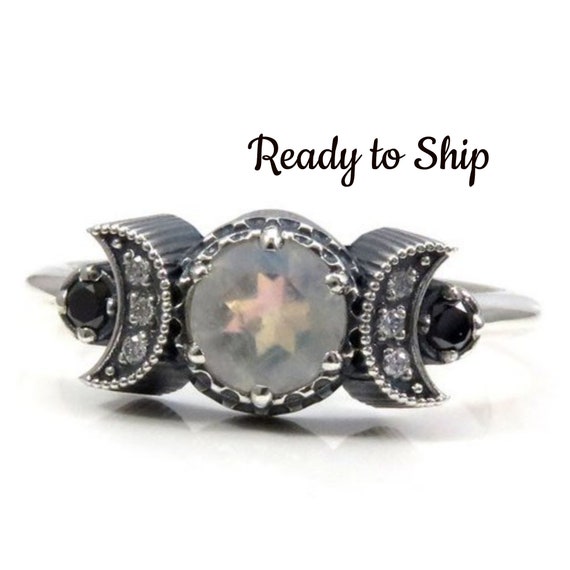 Ready to Ship Size 7.5 - 9.5 - Hecate Moon Engagement Ring Set - Moonstone with Black & White Diamonds - Sterling Silver