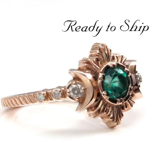 Ready to Ship Size 6 - 8 - Natural Emerald and Galaxy Diamond Engagement Ring Set - 14k Rose Gold Ceremonial Jewelry
