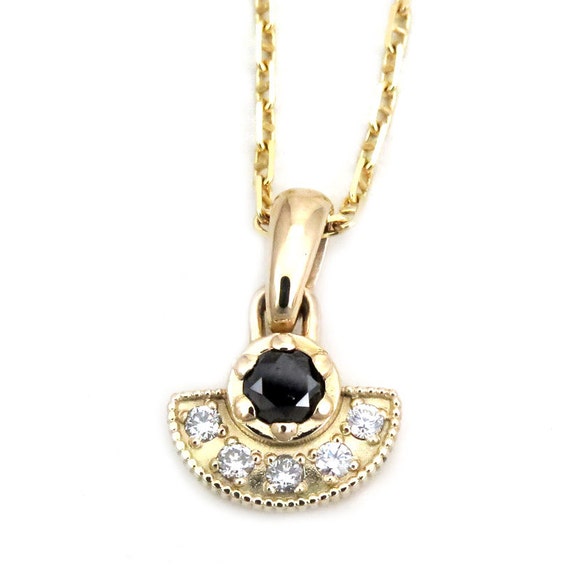 Tiny Black and White Diamond Pendant - 14k Yellow Gold Fan Necklace