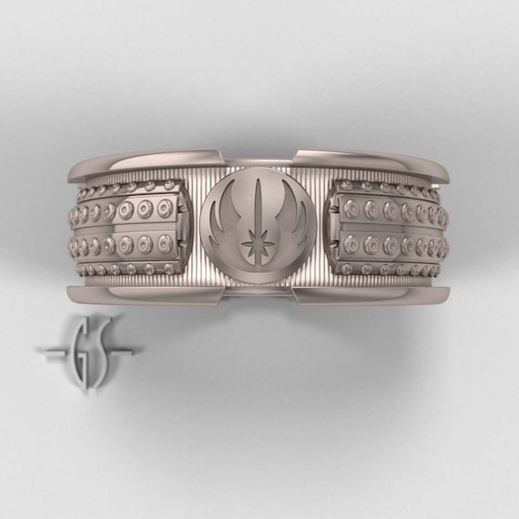 Star Wars Lightsaber Ring - Mens Engagement Ring - 14k Palladium White Gold Wedding Geek Band