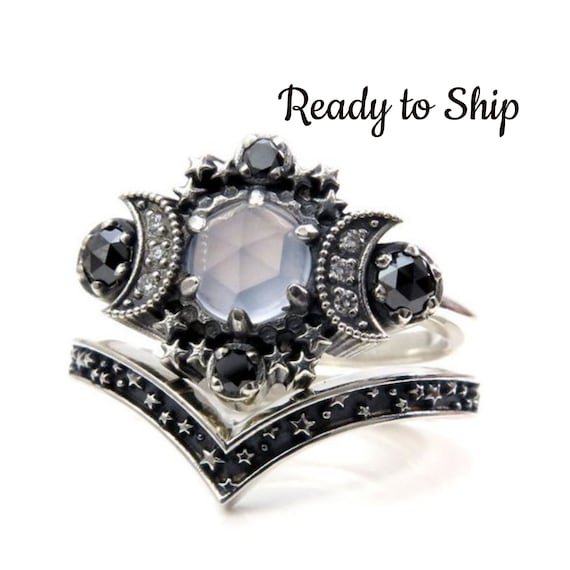 Ready to Ship Size 7 - 9 - Blue Chalcedony Cosmos Moon Engagement Ring Set Silver Moon and Stardust Chevron Wedding Band