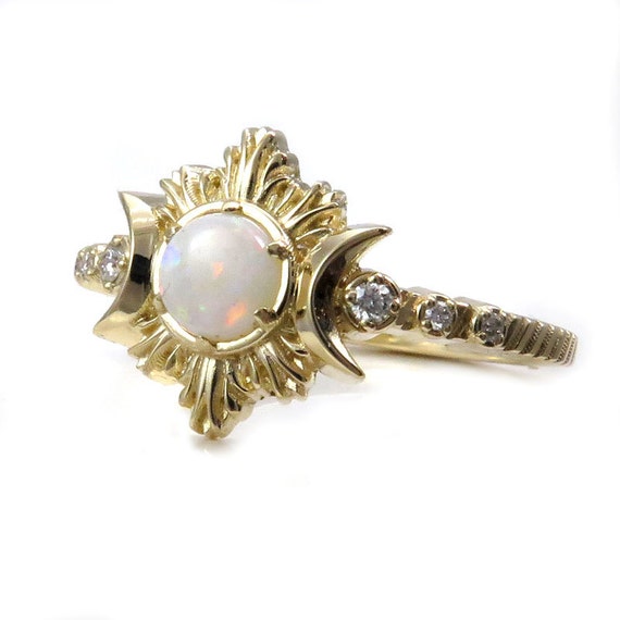 Opal Pyre Moon Ring - Diamond and Yellow Gold Celestial Engagement Ring
