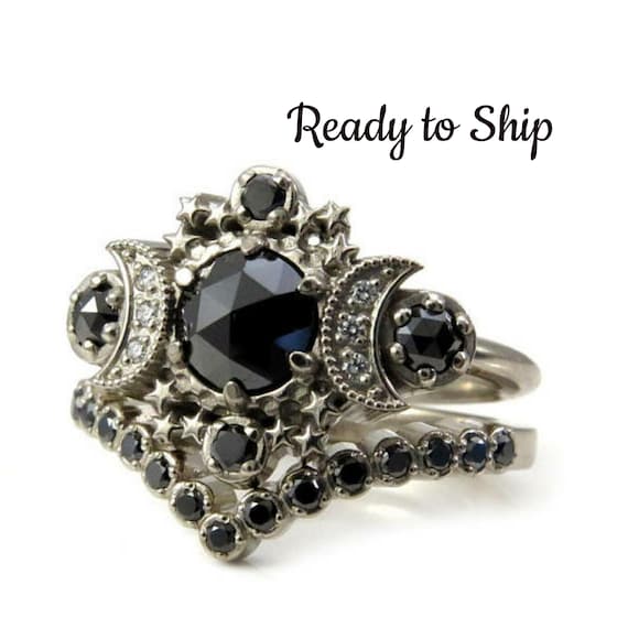 Ready to Ship Size 6-8 - Black Diamond Gothic Moon Engagement Ring with Pave Diamond Chevron Wedding Band - 14k Palladium White Gold