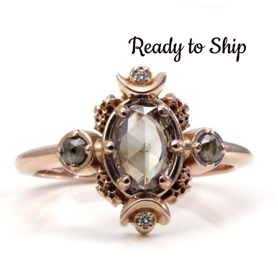Ready to Ship Size 6 - 8 - Rose Cut Oval Natural Champagne Diamond Moon Engagement Ring with Rose Gold Stardust