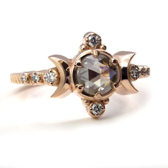 Ready to Ship - Rose Cut Gray Moissanite and Diamond Compass Moon Ring - 14k Rose Gold - Size 7