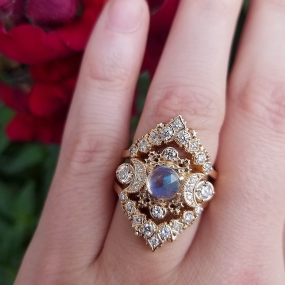 Rainbow Moonstone Cosmos Engagement Ring Set - Diamond Celestial Wedding Set - 14k Yellow Gold