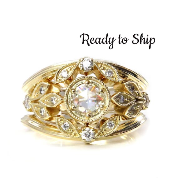 Ready to Ship Size 5- 7 - Victorian Diamond Leaf Engagement Ring Set - Moissanite and Diamonds - 14k Yellow Gold