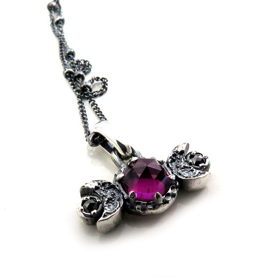 Ready to Ship - Rose Cut Rhodolite Garnet Moon Phase Pendant with Black Diamonds - Sterling Silver