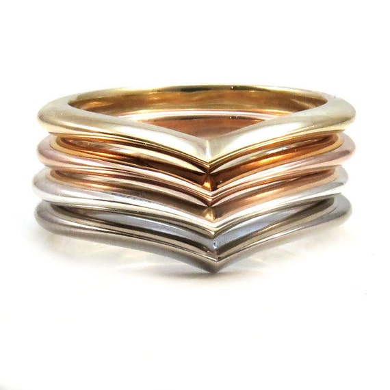 Crested Chevron Stacking Ring Wedding Band - Sterling Silver, Yellow Gold, Rose Gold or White Gold