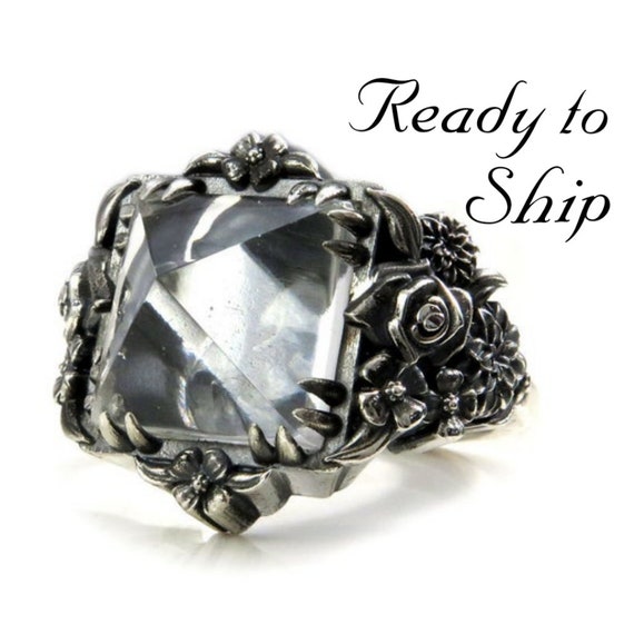 Ready to Ship Size 9 - 11 - Skull and Posy Gothic Silver Cocktail Ring with Quartz Pyramid - Spooky Jewelry