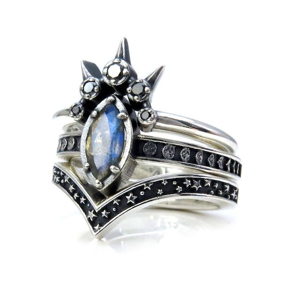 Labradorite Marquise Moon and Star Engagement Ring Set - Celestial Gothic Wedding Rings - Sterling Silver