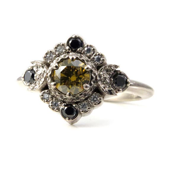 Irradiated Yellow Diamond Engagement Ring - Crescent Moons with a Black and White Diamond Halo