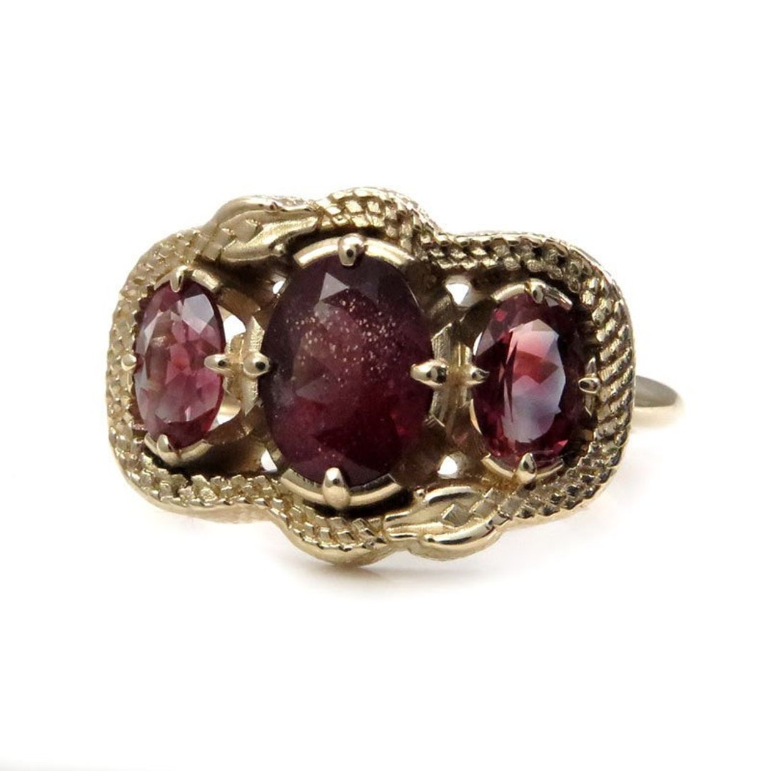 Double Ouroboros Oregon Sunstone & Moonstone 3 Stone Oval Gothic Snake Engagement Ring - 14k Gold