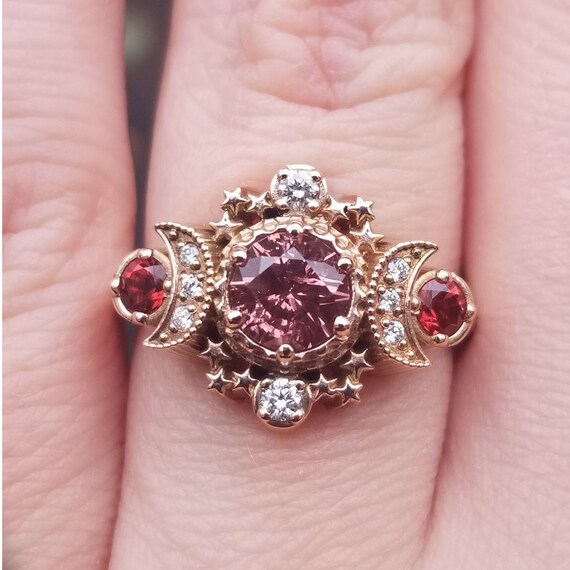 Ready to Ship Size 6 - 8 Tunduru Garnet Cosmos Engagement Ring Set with Oregon Sunstone and Diamonds - 14k Rose Gold
