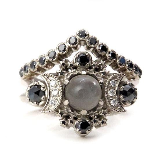 Cosmos Gray Moonstone Engagement Ring Set - Black & White Diamonds Boho 14k Gold Stacking Wedding Rings