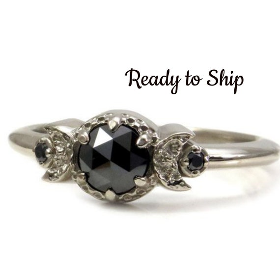 Ready to Ship Size 7 - 9 - Gothic New Moon Engagement Ring with Rose Cut Black Diamond - White Gold
