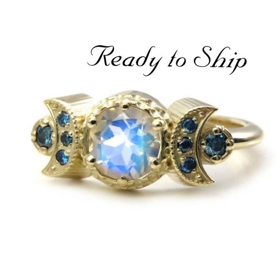 Ready to Ship Size 6 - 8 - Hecate Moonstone Moon Engagement Ring with Irradiated Blue Diamonds - 14k Yellow Gold