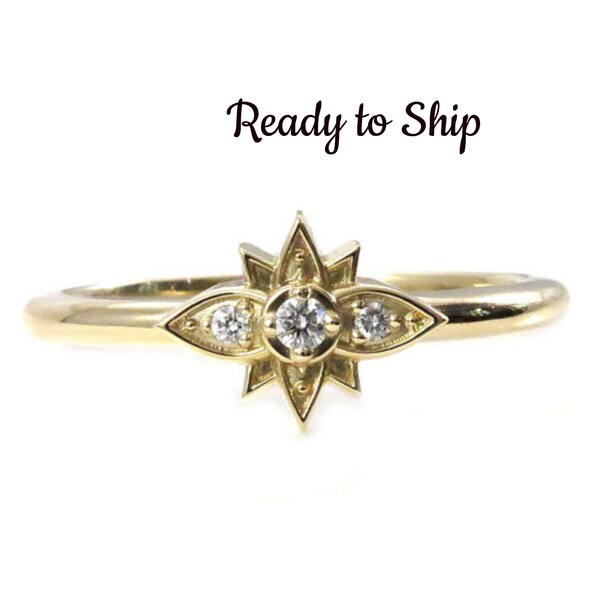 Ready to Ship Size 7-9 - Tiny Diamond Flower Ring - Stacking 14k Yellow Gold