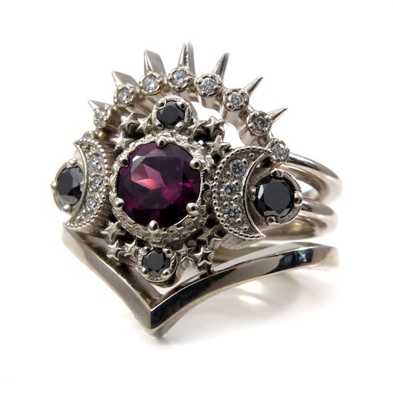 Cosmos Moon Engagement Ring 3 Ring Set with Rhodolite Garnet & Diamonds - Gothic Celestial Wedding Set